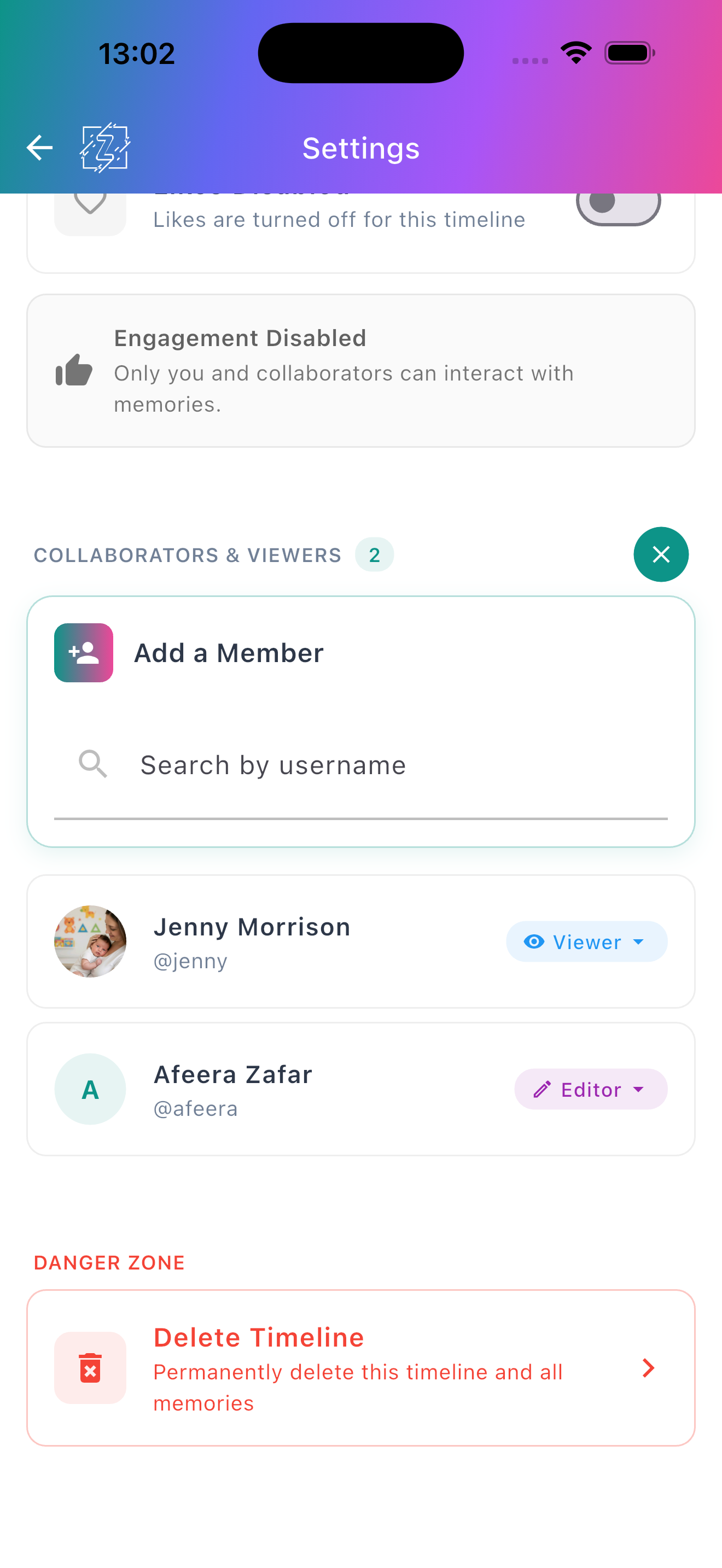Settings screen with collaborators showing editor and viewer roles plus a danger zone