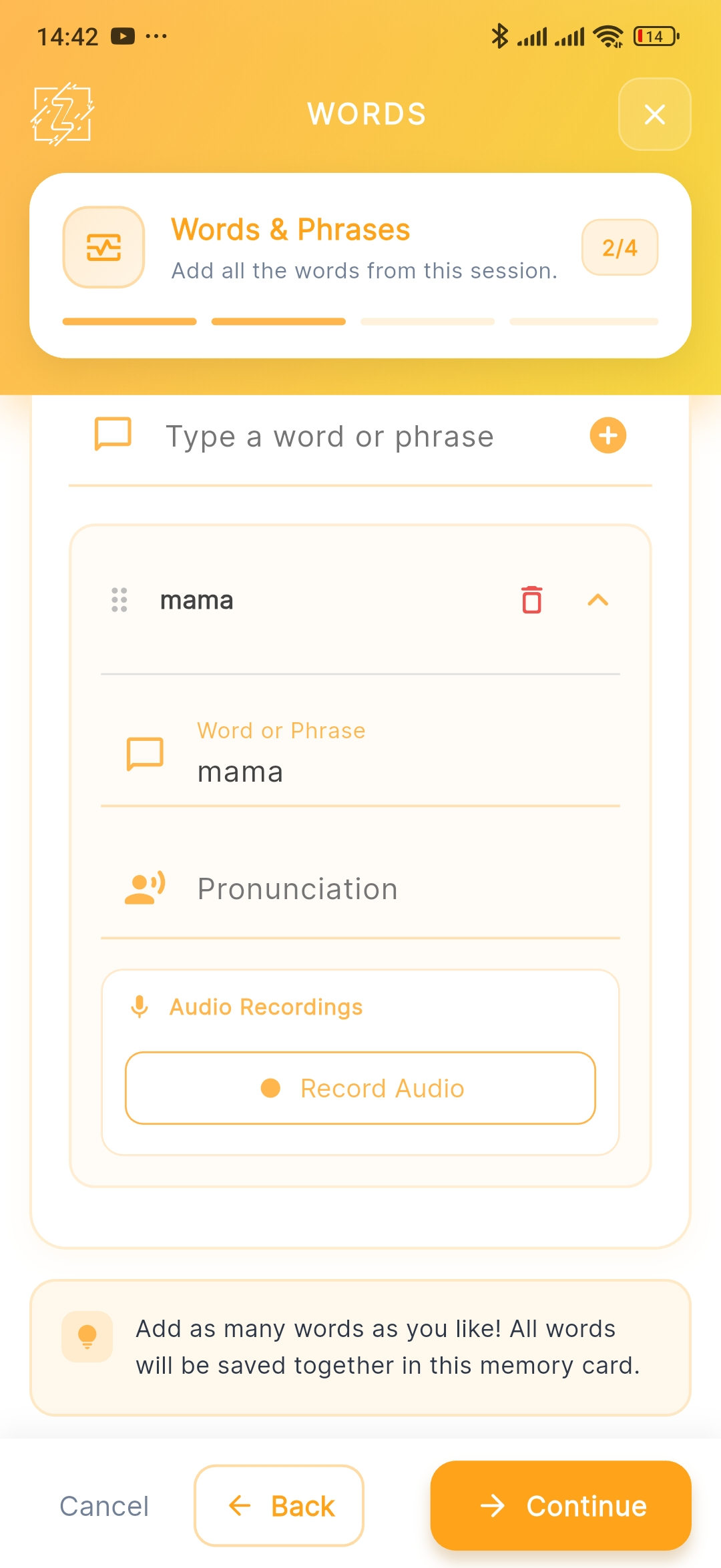 First Words template with audio recording feature
